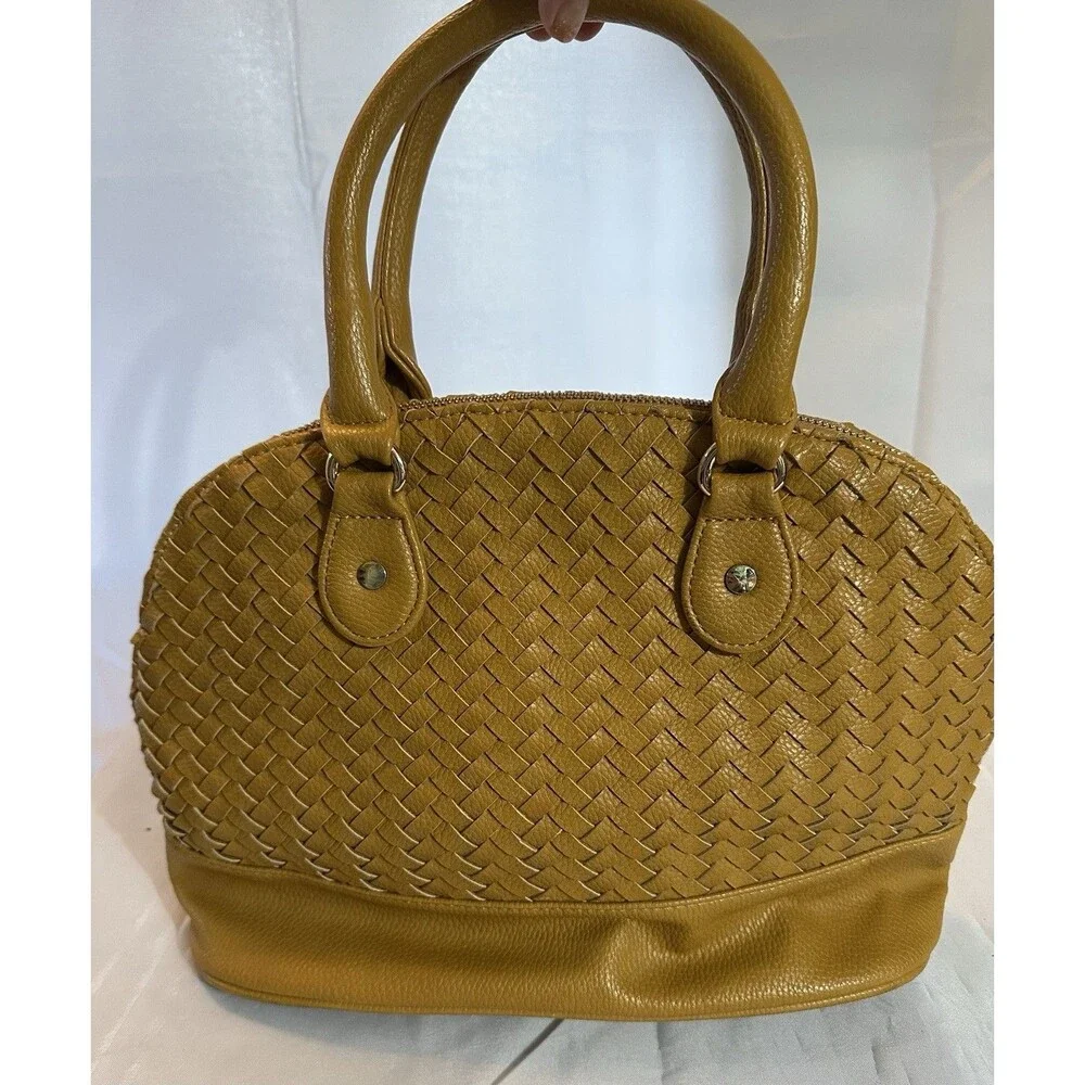 Neiman Marcus Woven Leather Satchel Tan Mustard Shoulder Bag Boho Chic